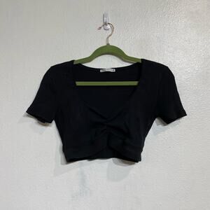 Zara Black V-Neck Ribbed Ruched Crop Top Sz M